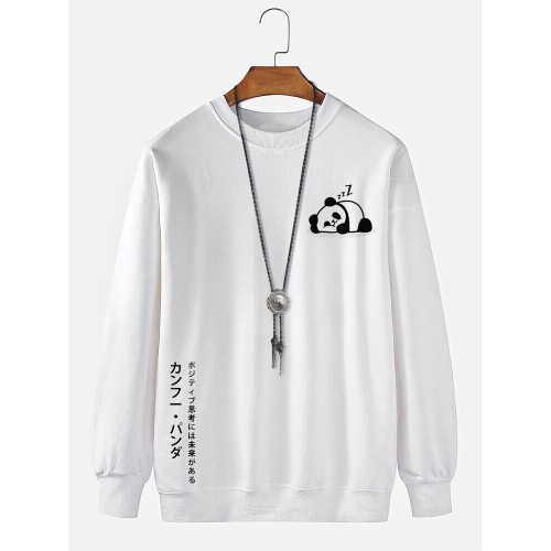 Mens Cartoon Panda Japanese Print Crew Neck Pullover Sweatshirts