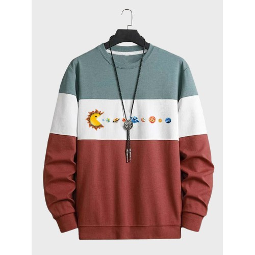 Mens Cartoon Planet Print Color Block Patchwork Pullover Sweatshirts