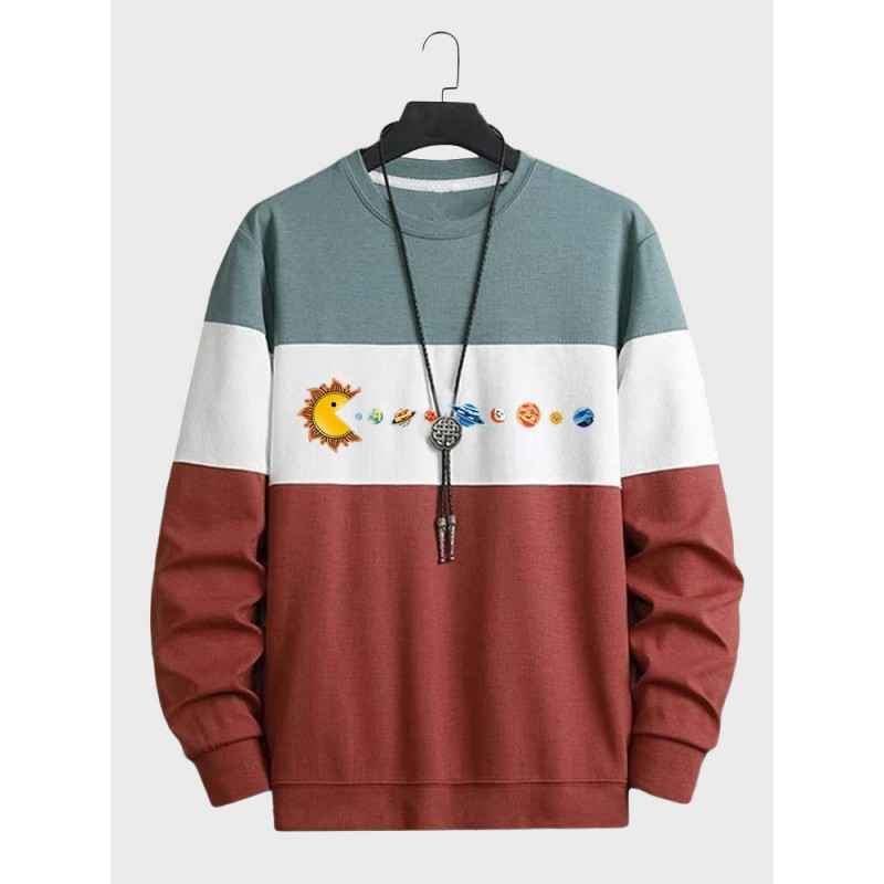 Mens Cartoon Planet Print Color Block Patchwork Pullover Sweatshirts