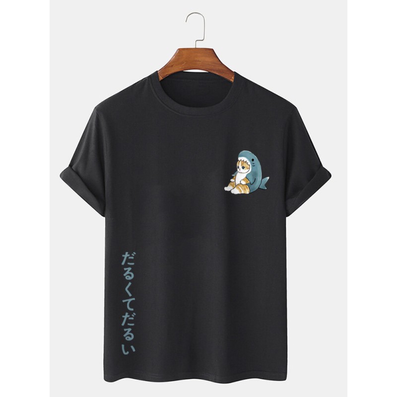 Mens Cartoon Shark Cat Japanese Print Short Sleeve T-Shirts