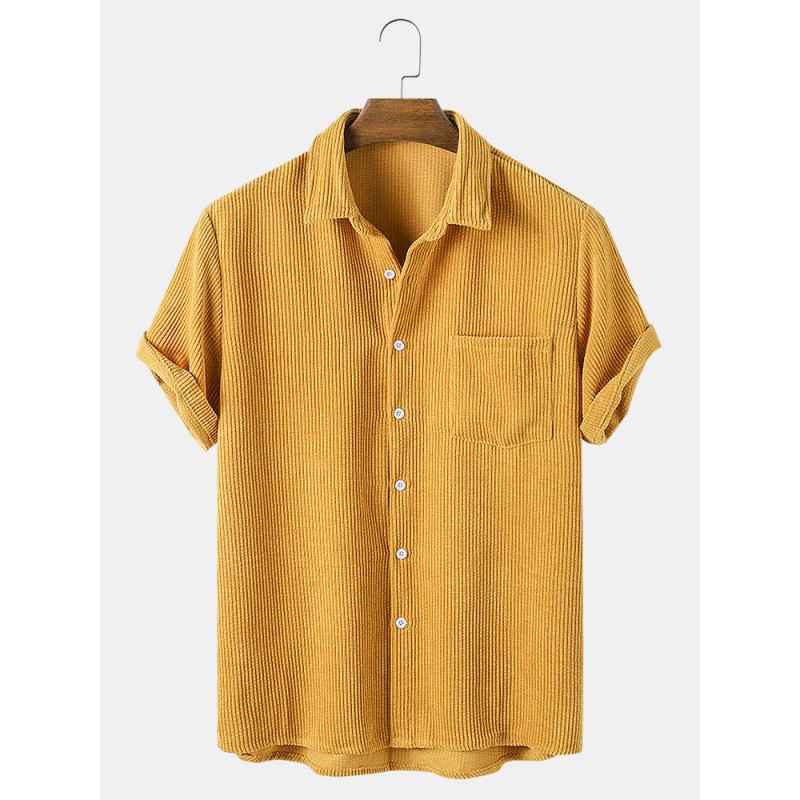 Mens Casual Corduroy Light Breathable Pocket Short Sleeve Shirts