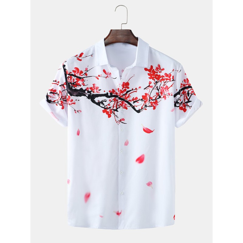 Mens Casual Flower Print Short Sleeve Shirts