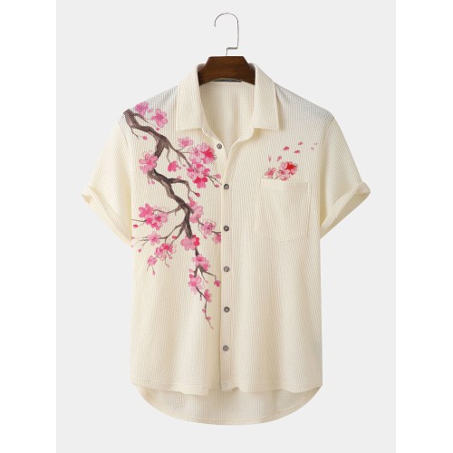 Mens Cherry Blossoms Print High-low Hem Short Sleeve Shirts