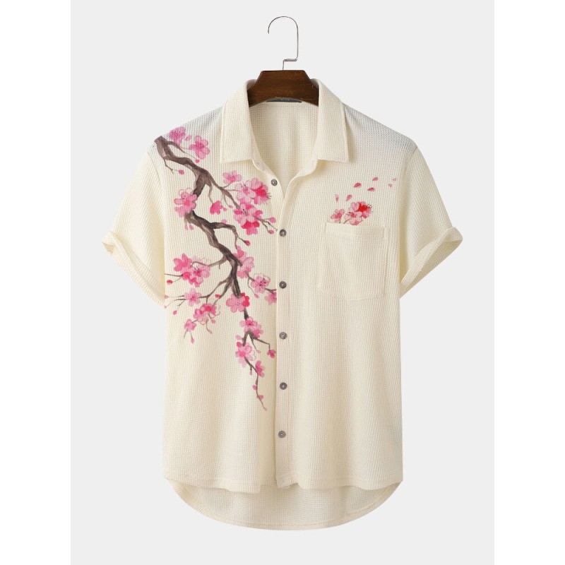 Mens Cherry Blossoms Print High-low Hem Short Sleeve Shirts