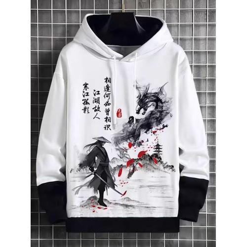 Mens Chinese Figure Landscape Print Patchwork Drawstring Hoodies