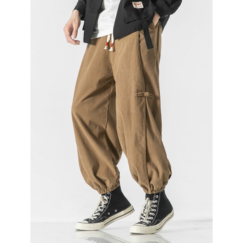 Mens Chinese Frog Button Solid Corduroy Drawstring Waist Pants