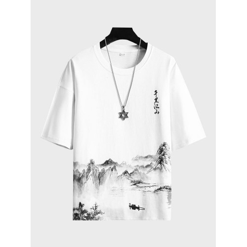 Mens Chinese Ink Landscape Print Crew Neck Short Sleeve T-Shirts