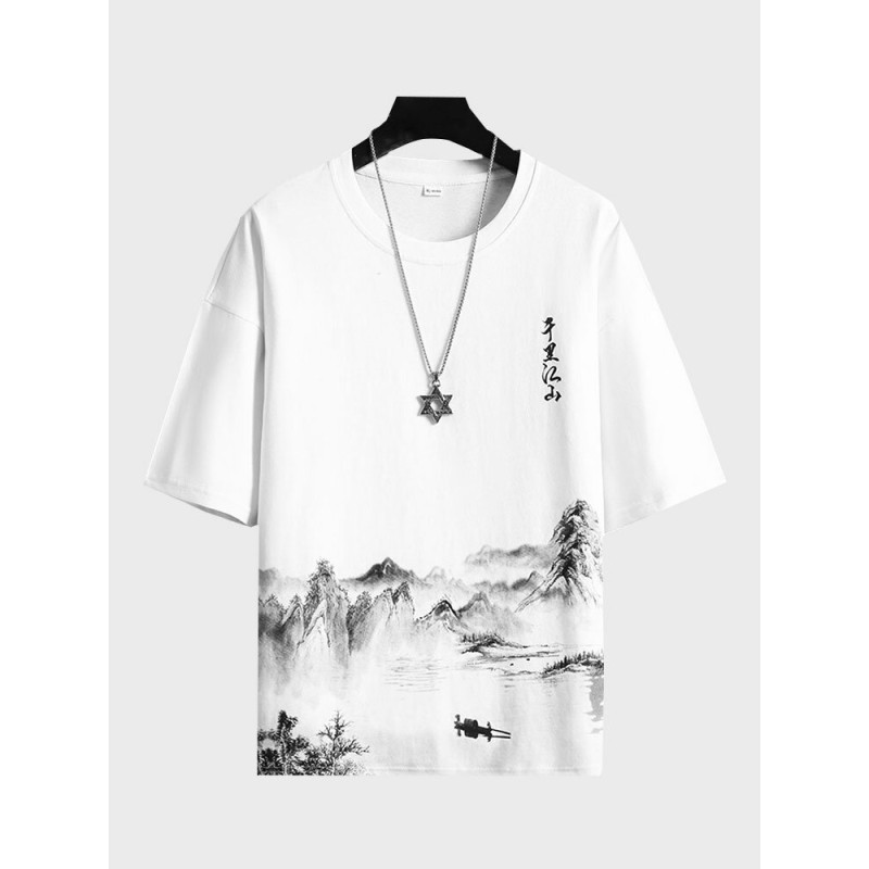 Mens Chinese Ink Landscape Print Crew Neck Short Sleeve T-Shirts