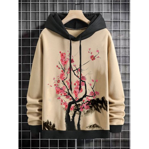 Mens Chinese Ink Plum Bossom Print Contrast Drawstring Hoodies