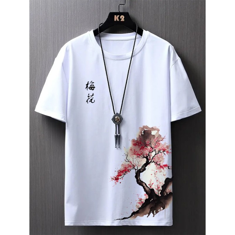 Mens Chinese Ink Plum Bossom Print Crew Neck Short Sleeve T-Shirts