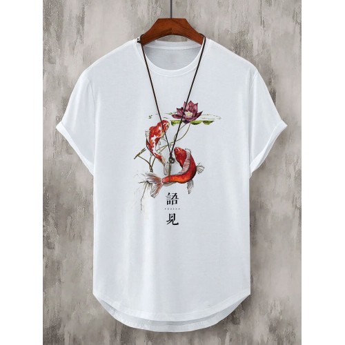 Mens Chinese Koi Lotus Print Crew Neck Short Sleeve T-Shirts