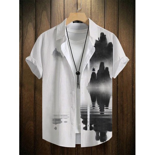 Mens Chinese Mountain Landscape Ink Painting Lapel Short Sleeve Shirts