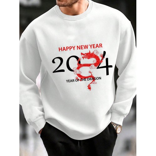 Mens Chinese New Year Dragon Print Crew Neck Pullover Sweatshirts