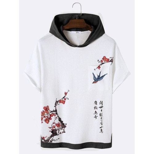 Mens Chinese Plum Bossom Bird Print Short Sleeve Hooded T-Shirts