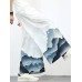 Mens Chinese Style Crane Landscape Print Wide Leg Pants