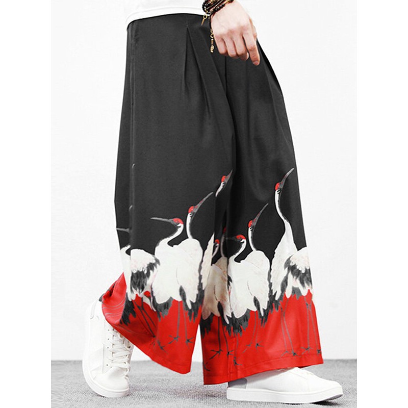 Mens Chinese Style Crane Landscape Print Wide Leg Pants