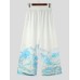 Mens Chinese Style Crane Landscape Print Wide Leg Pants