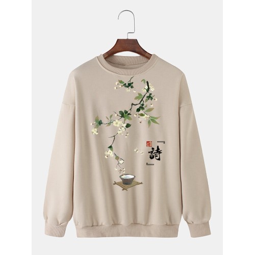 Mens Chinese Style Floral Print Crew Neck Pullover Sweatshirts