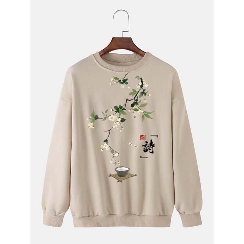 Mens Chinese Style Floral Print Crew Neck Pullover Sweatshirts