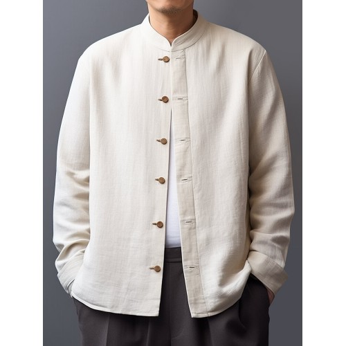 Mens Chinese Style Stand Collar Cotton Solid Long Sleeve Shirts