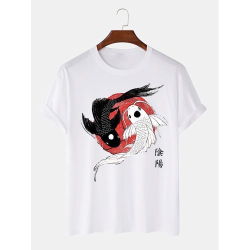 Mens Chinese Yin Yang Carp Print Crew Neck Short Sleeve T-Shirts