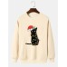 Mens Christmas Hat Cat Print Crew Neck Pullover Sweatshirts