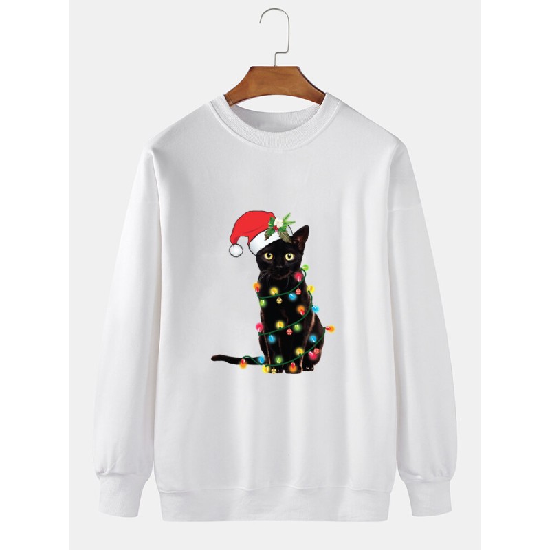 Mens Christmas Hat Cat Print Crew Neck Pullover Sweatshirts