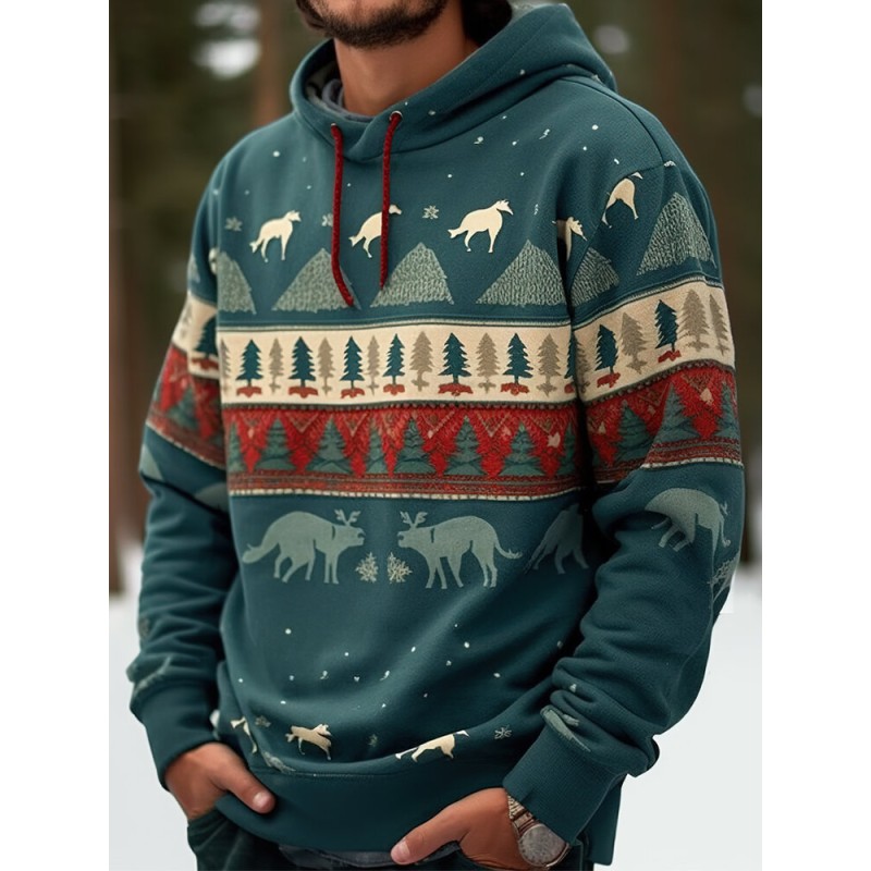 Mens Christmas Tree Elk Print Long Sleeve Drawstring Hoodies