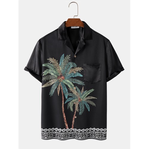 Mens Coconut Tree Print Revere Collar Vacation Short Sleeve Shirts