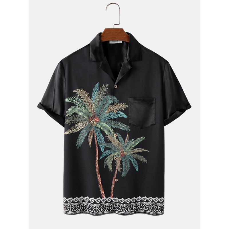 Mens Coconut Tree Print Revere Collar Vacation Short Sleeve Shirts