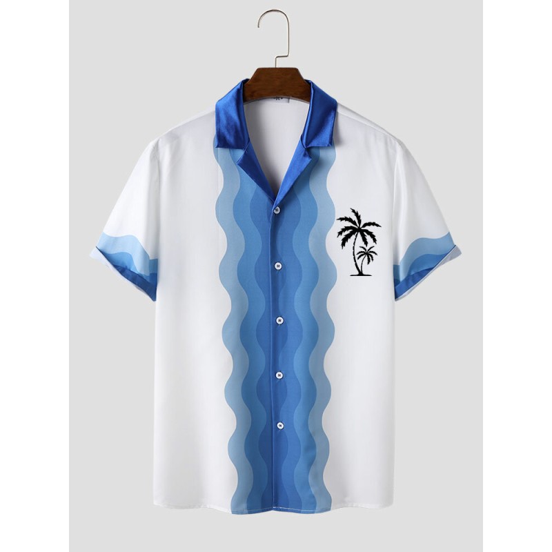 Mens Coconut Tree Wave Striped Print Revere Collar Short Sleeve Shirts