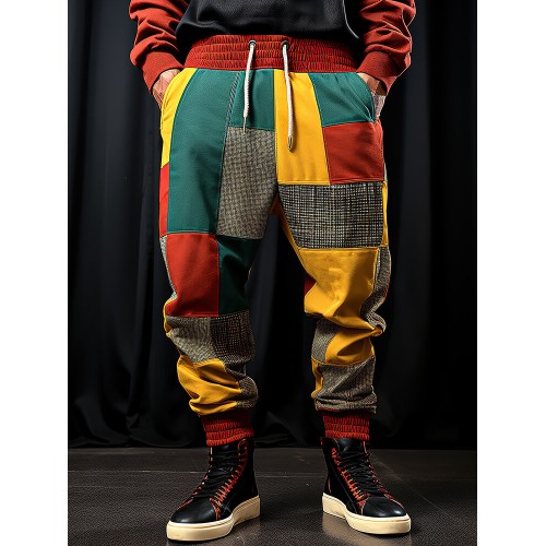 Mens Color Block Mix Patchwork Elastic Cuff Casual Loose Pants