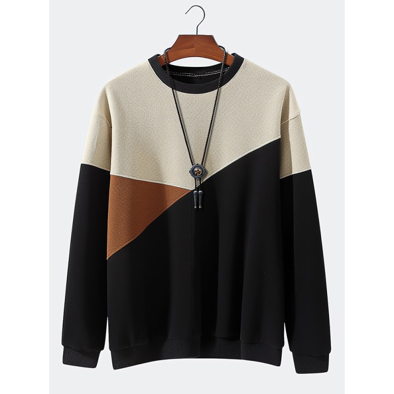 Mens Color Block Patchwork Crew Neck Casual Pullover Sweatshirts