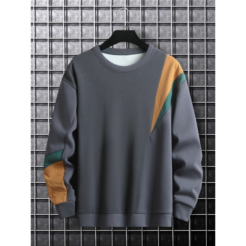 Mens Color Block Patchwork Crew Neck Loose Pullover Sweatshirts