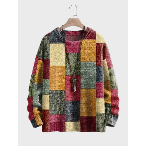 Mens Color Block Patchwork Crew Neck Loose Pullover Sweatshirts