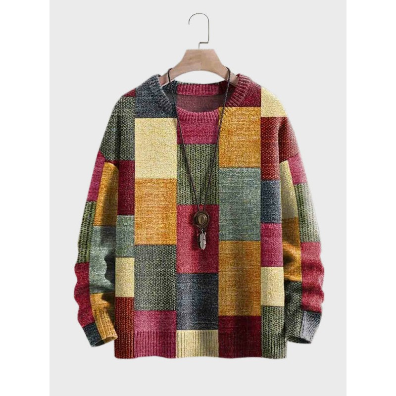 Mens Color Block Patchwork Crew Neck Loose Pullover Sweatshirts