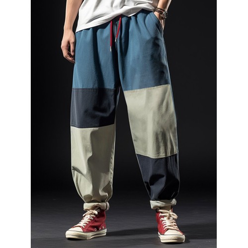 Mens Color Block Patchwork Drawstring Waist Casual Loose Pants