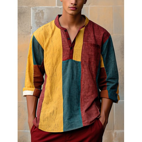 Mens Color Block Patchwork Half Button Long Sleeve Henley Shirts