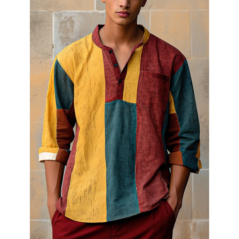 Mens Color Block Patchwork Half Button Long Sleeve Henley Shirts