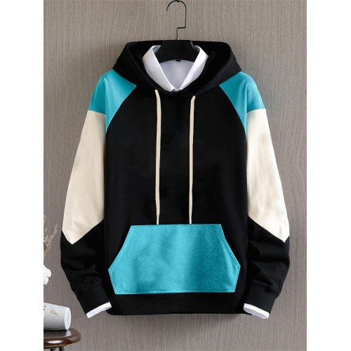 Mens Color Block Patchwork Kangaroo Pocket Casual Drawstring Hoodies