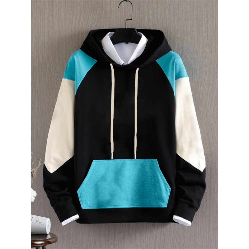 Mens Color Block Patchwork Kangaroo Pocket Casual Drawstring Hoodies