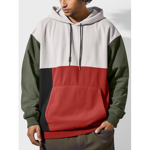 Mens Color Block Patchwork Kangaroo Pocket Drawstring Hoodies