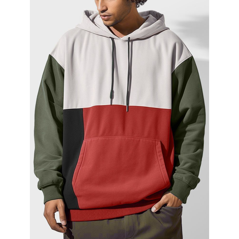 Mens Color Block Patchwork Kangaroo Pocket Drawstring Hoodies