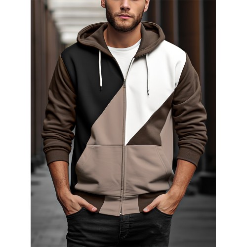 Mens Color Block Patchwork Zip Front Drawstring Hooded Jacket