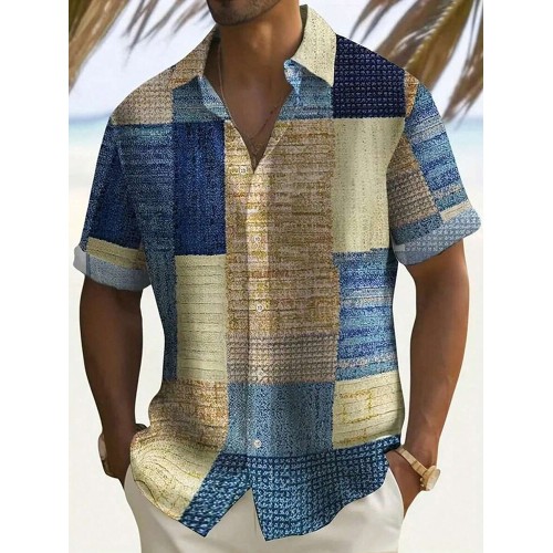 Mens Color Block Print Button Up Short Sleeve Shirts