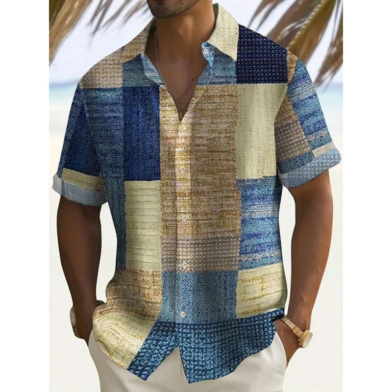 Mens Color Block Print Button Up Short Sleeve Shirts