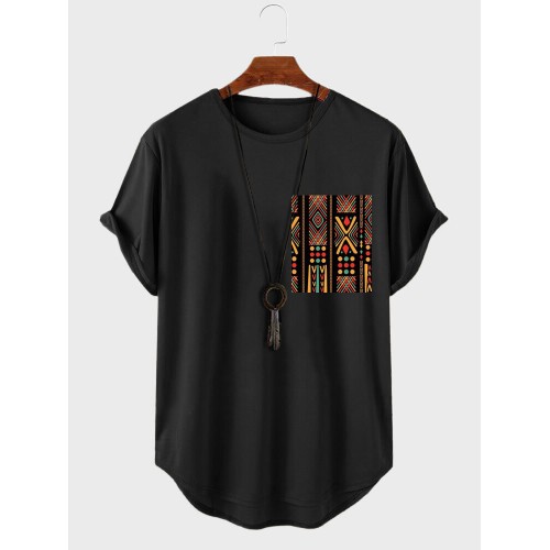 Mens Colorful Ethnic Geometric Print Curved Hem Short Sleeve T-Shirts