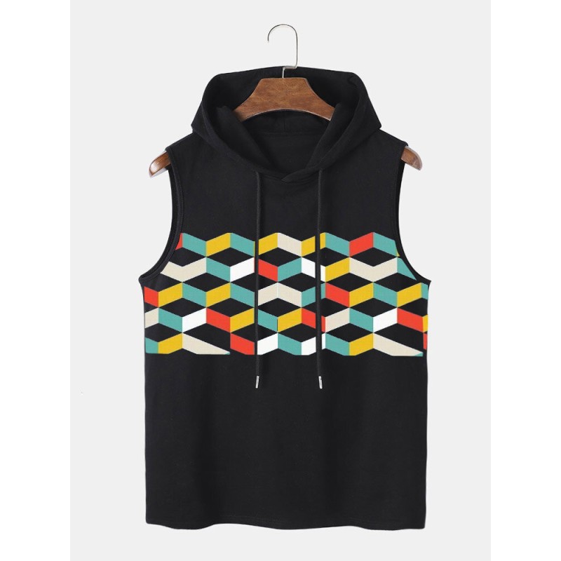 Mens Colorful Geometric Pattern Cotton Sleeveless Hooded Tanks