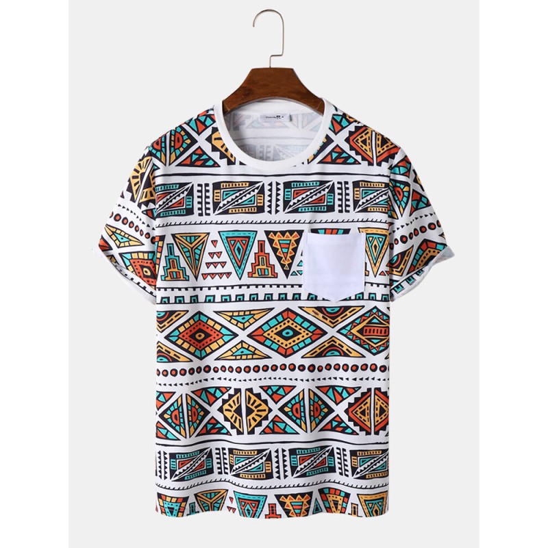 Mens Colorful Geometric Print Chest Pocket Ethnic Short Sleeve T-Shirts