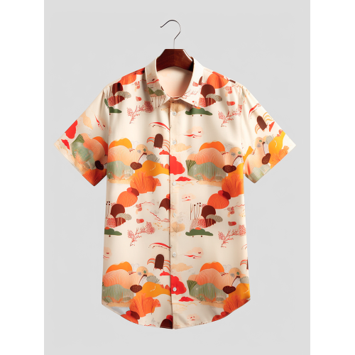 Mens Colorful Plant Landscape Print Lapel Short Sleeve Shirts